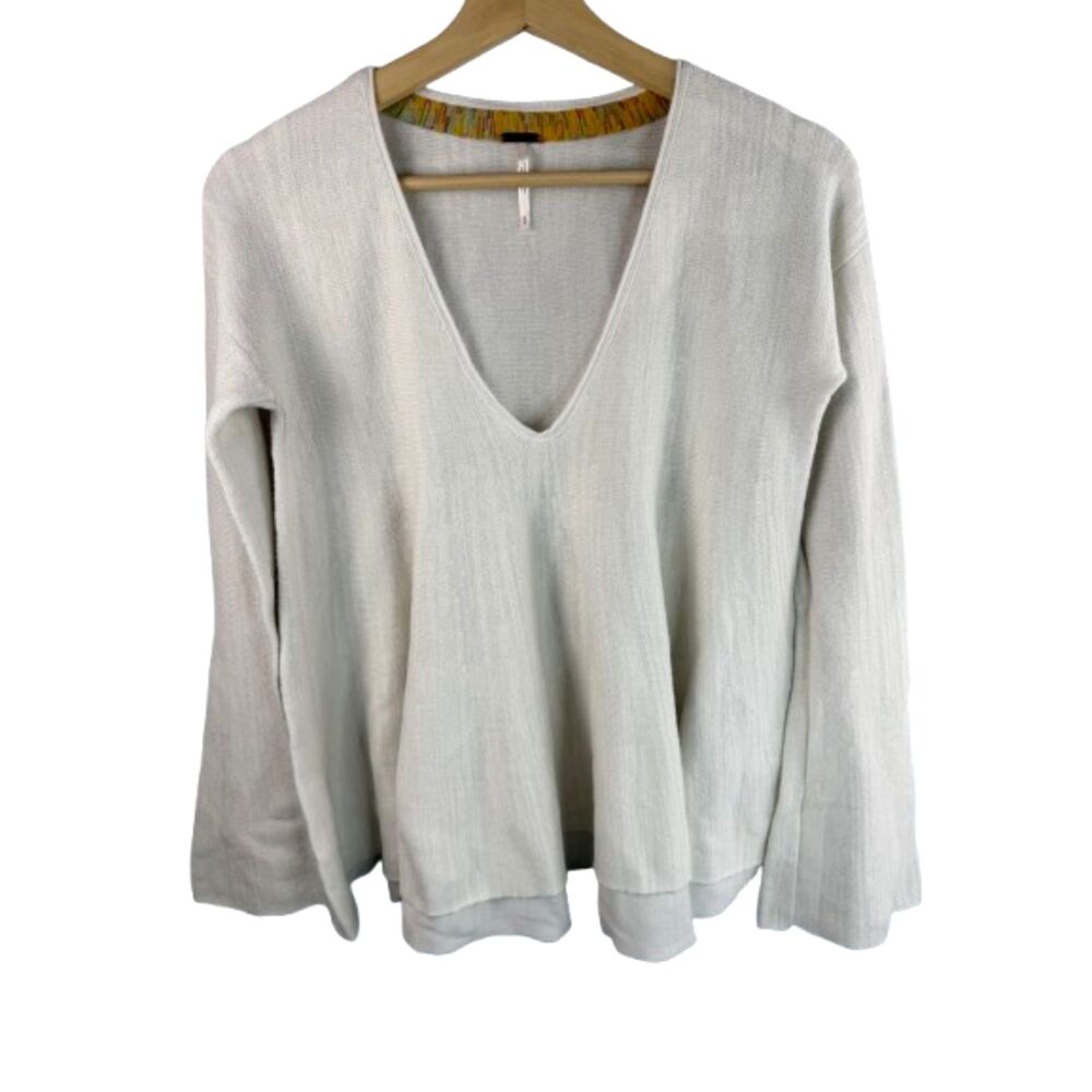 Free People Boho Bell Sleeves Sundae Linen Blend Swing Low V-Neck Sweater Size S